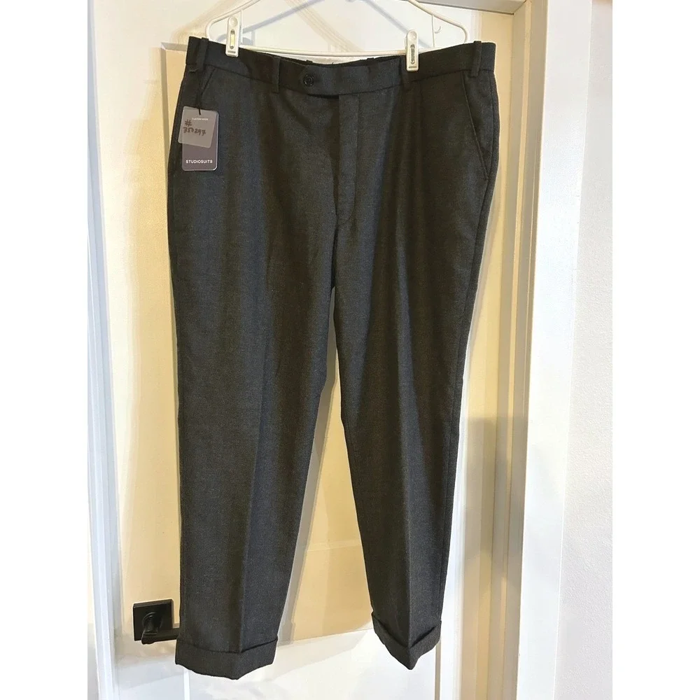 NEW Studio Suits Bespoke‎ Mens Charcoal Herringbone Wool Blend Dress Pants 39x27